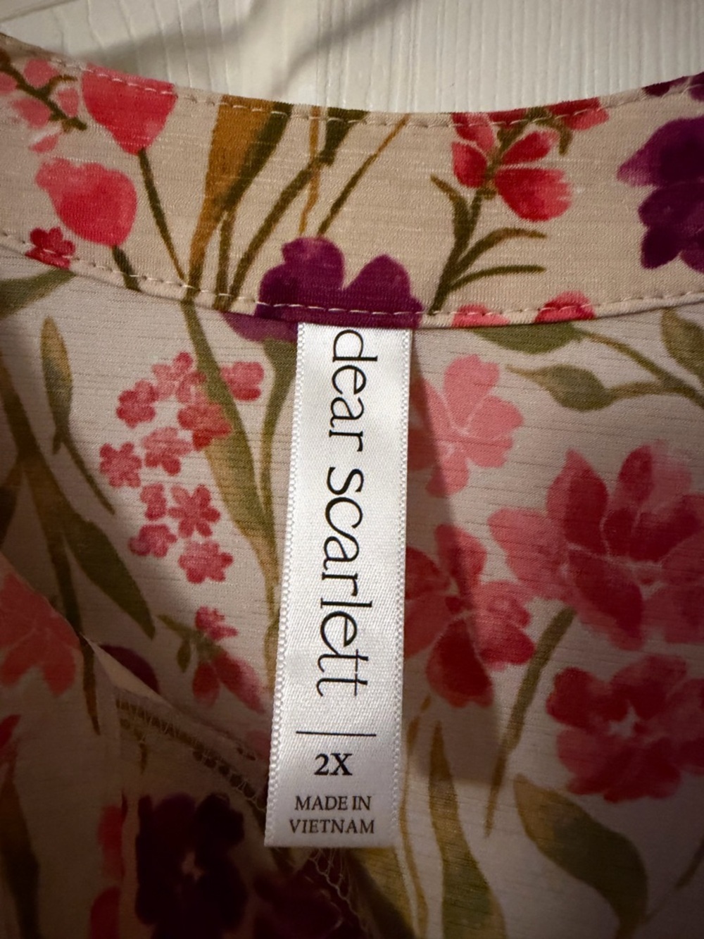 Floral V-Neck Roll-Sleeve Blouse in Cream with Pink & Purple Flowers - Picture 2 of 2